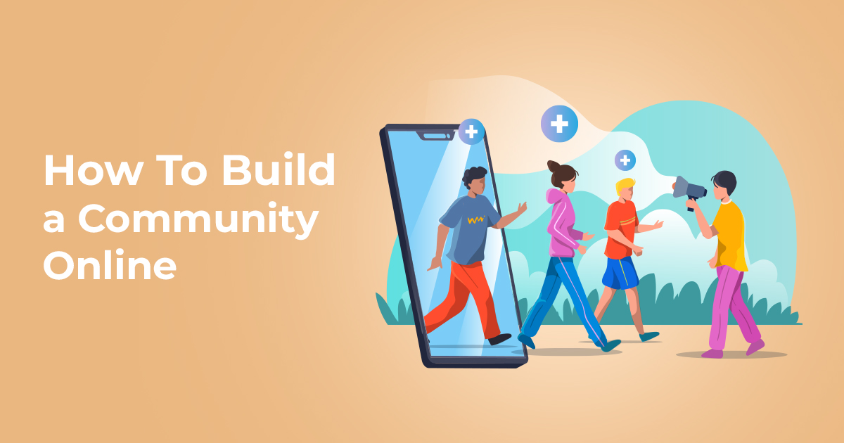 How to build a community online: Graphic of people walking out from a smart phone screen
