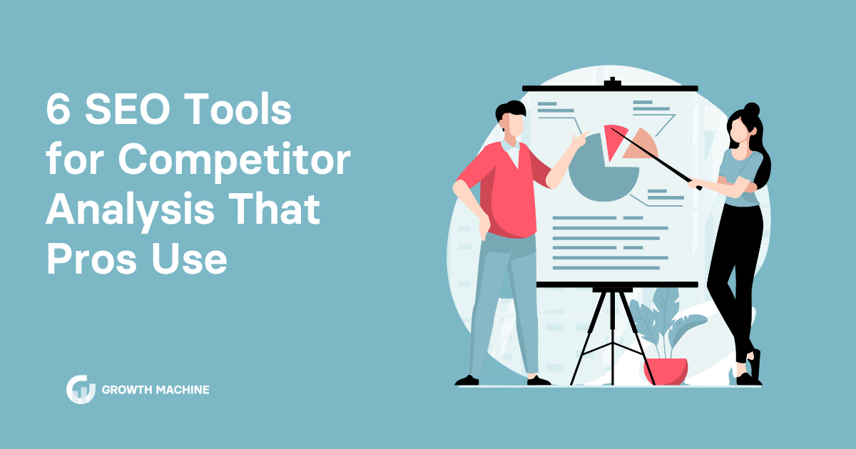 SEO tools for competitor analysis: Graphic of two workers analyzing a pie chart