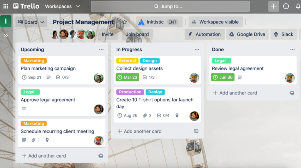 Screenshot of a workspace in the project management tool, Trello