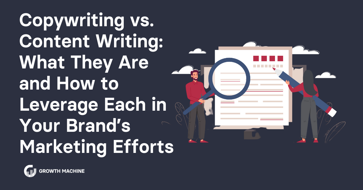 Copywriting vs. Content Writing: Graphic of a man and a woman holding office tools