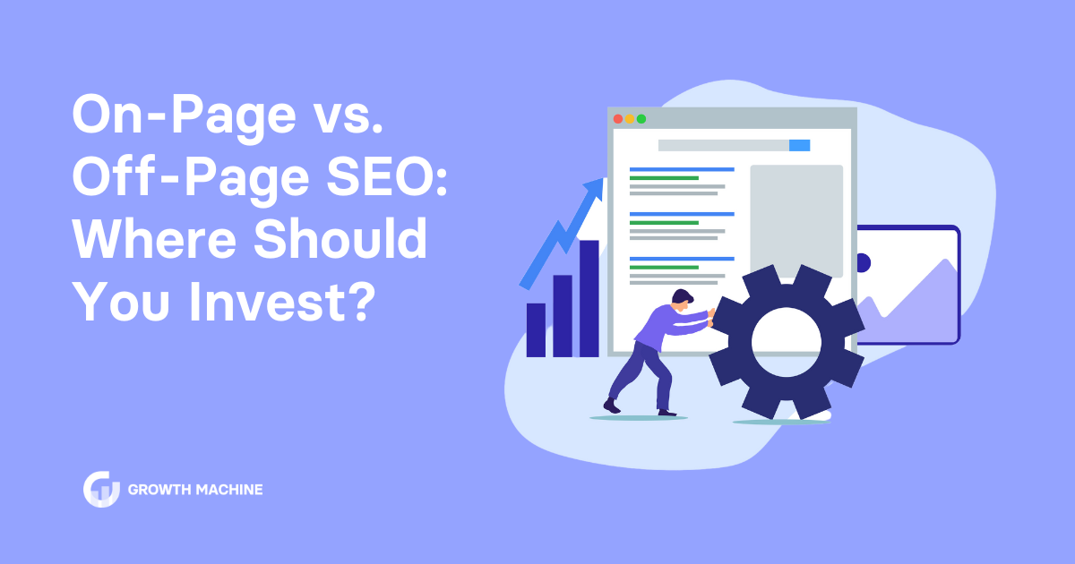 On Page vs. Off Page SEO: Graphic of man rolling a wheel past a website page