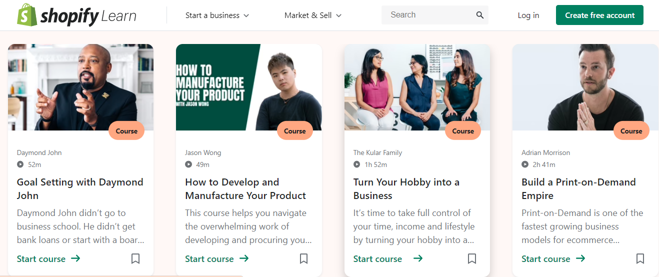 Saas content marketing: Image of Shopify's free courses