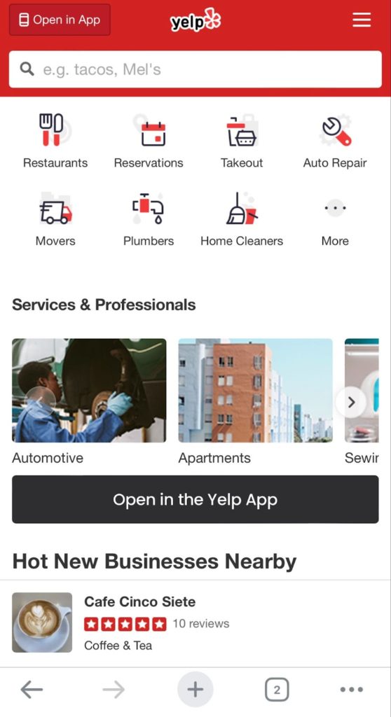 Screenshot of Yelp's website on a mobile device