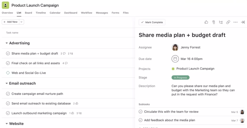 Content marketing tools: Example of a project with tasks in Asana