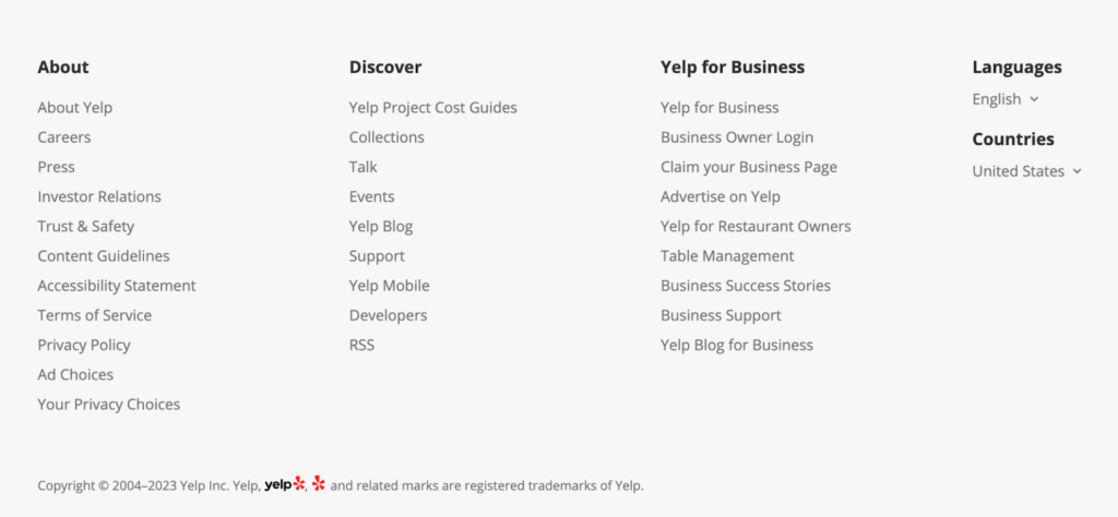 Sitemap example: Yelp's HTML sitemap on the bottom of their website