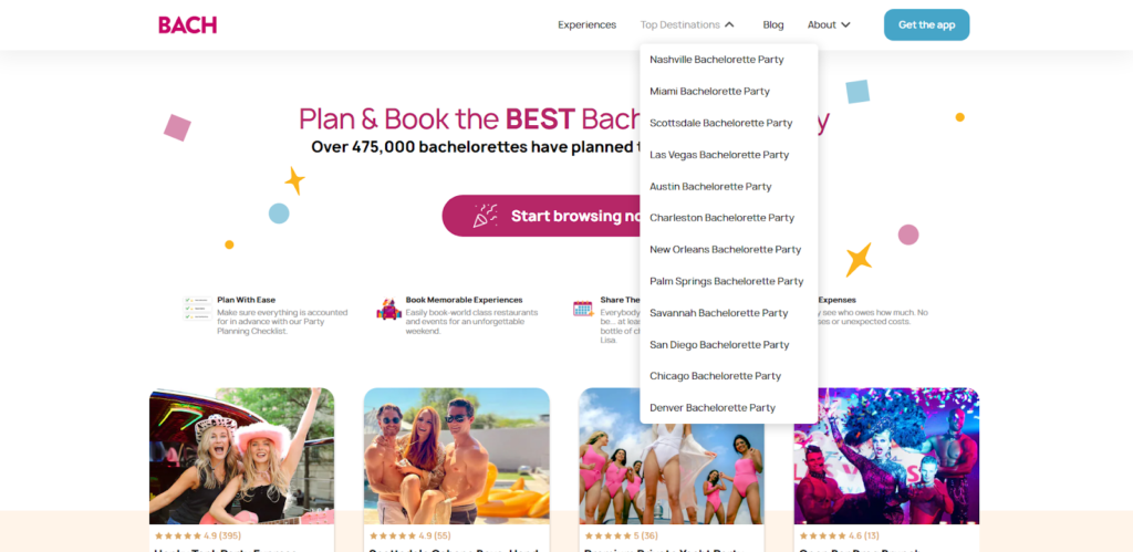 Image of The BACH's homepage featuring their top destinations